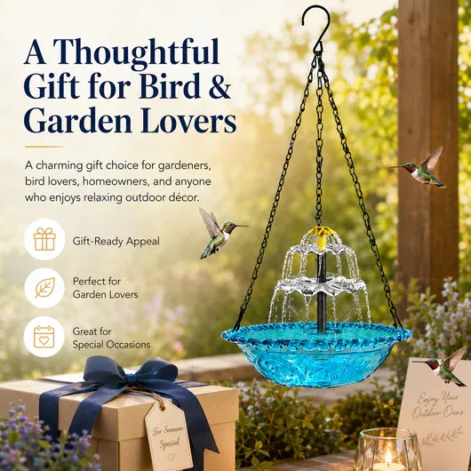 Solar Hanging Bird Bath Fountain for Hummingbirds – Decorative Outdoor Garden Water Feeder Bowl