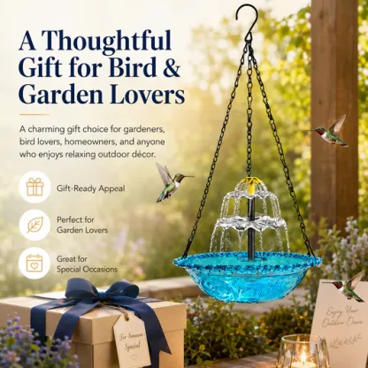 Solar Hanging Bird Bath Fountain for Hummingbirds – Decorative Outdoor Garden Water Feeder Bowl
