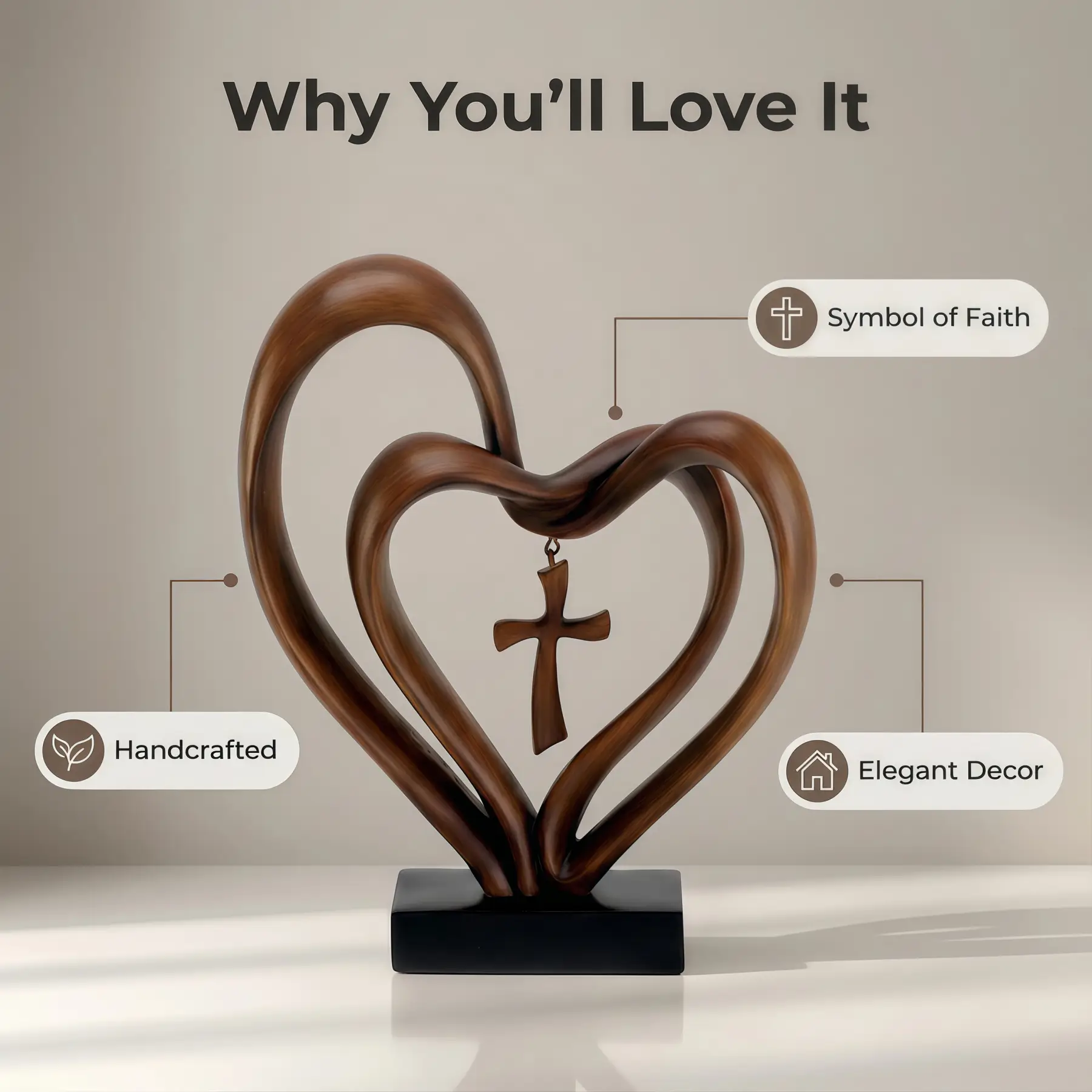 Marriage Takes Three – Entwined Heart & Cross Christian Wedding Sculpture