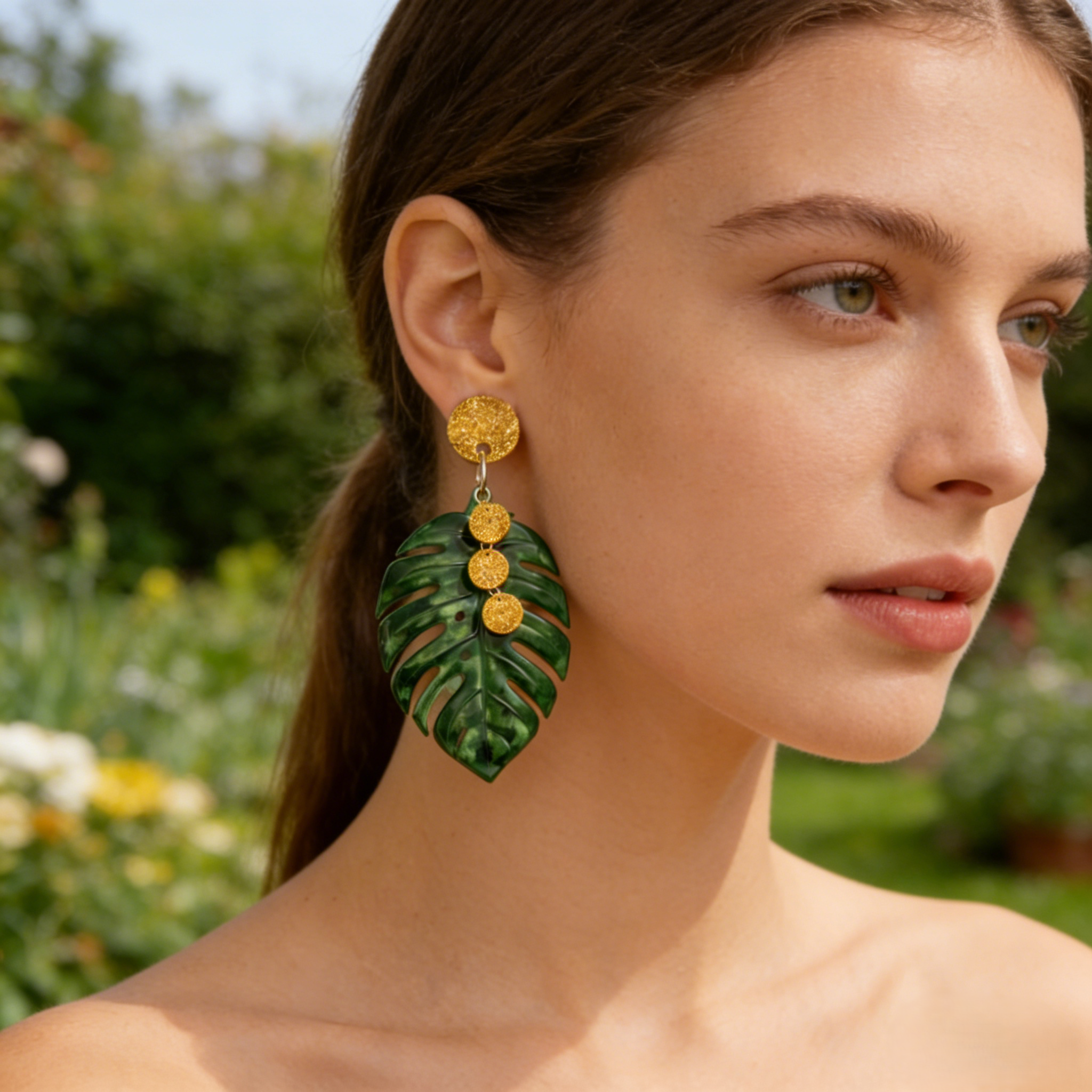 Monstera and Shiny Yellow Dangle Earrings