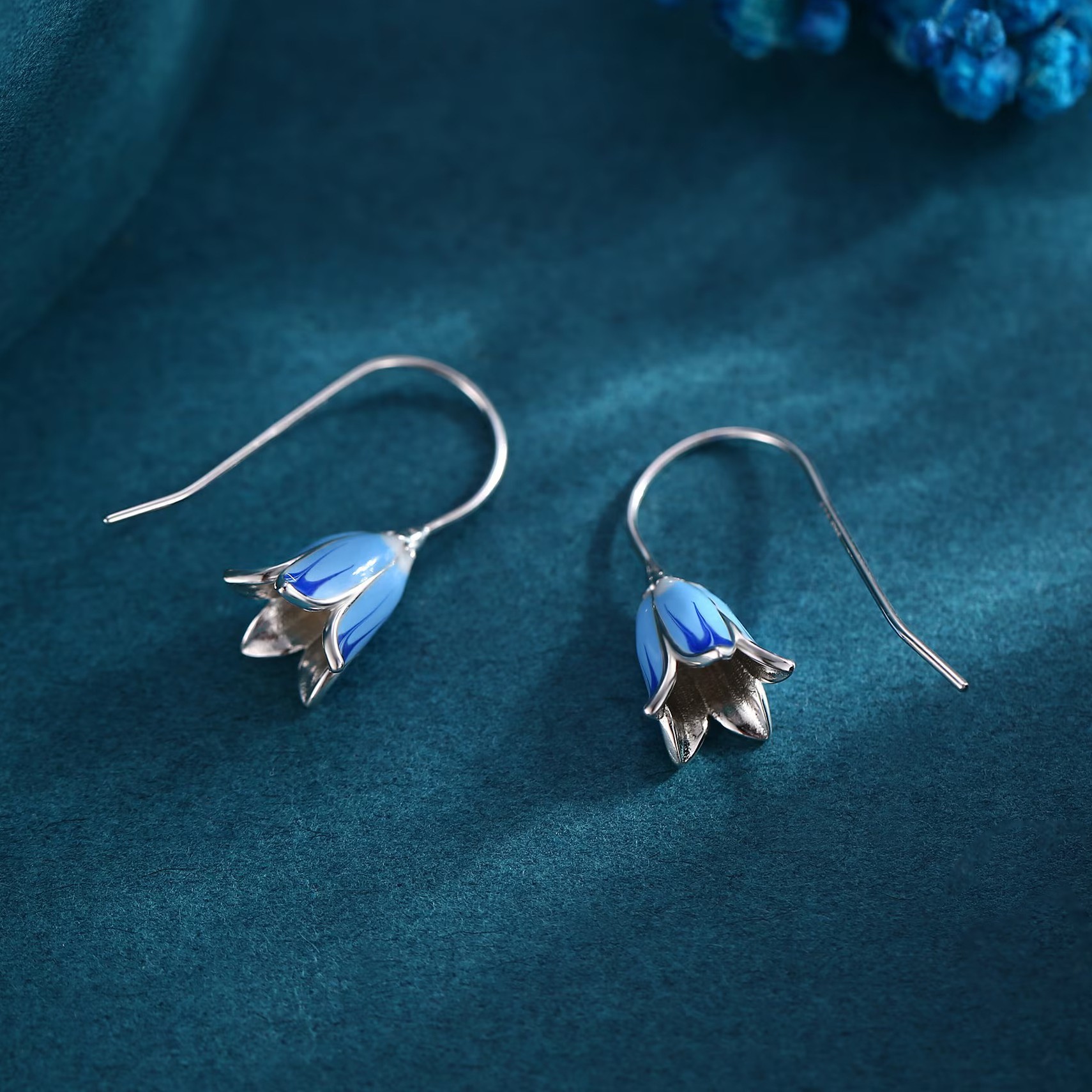 Sterling Silver Bluebell Flower Drop Hook Earrings