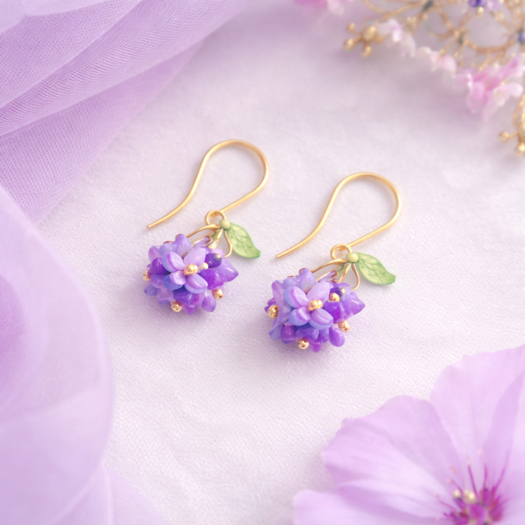 Purple hydrangea earrings