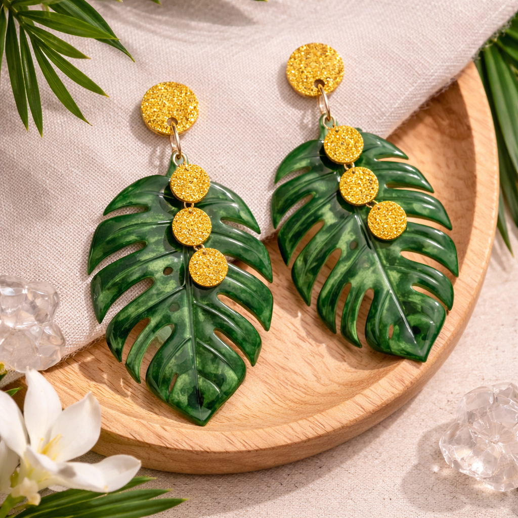 Monstera and Shiny Yellow Dangle Earrings