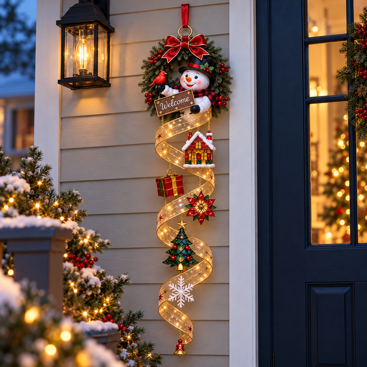 🔥 LAST DAY 50% OFF 🔥 Lighted Snowman Christmas Door Hanger – Waterproof Battery-Powered Cascading Holiday Decor