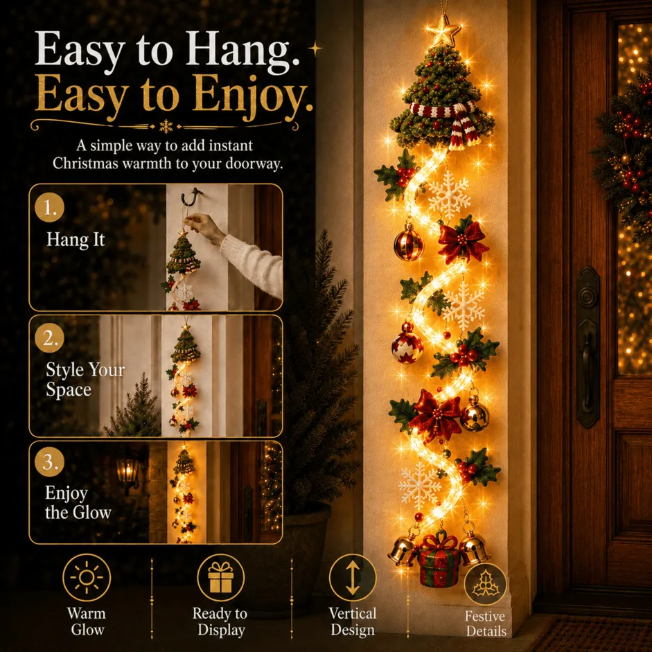 ⏳ Last Day 50% OFF – 🎄MerryCascadeTM Glowing Christmas Door Hanger | 6 Festive Lighted Designs with Warm Glow, Dimensional Details & Space-Saving Vertical Décor ✨