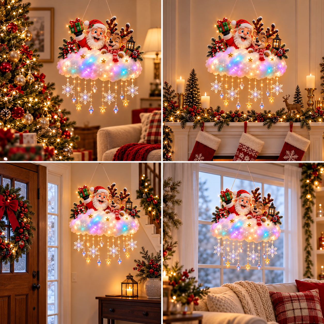 🔥LAST DAY 50% OFF🔥 Light-Up Christmas Village Cloud Hanging Decoration with Santa, Snowman & Reindeer