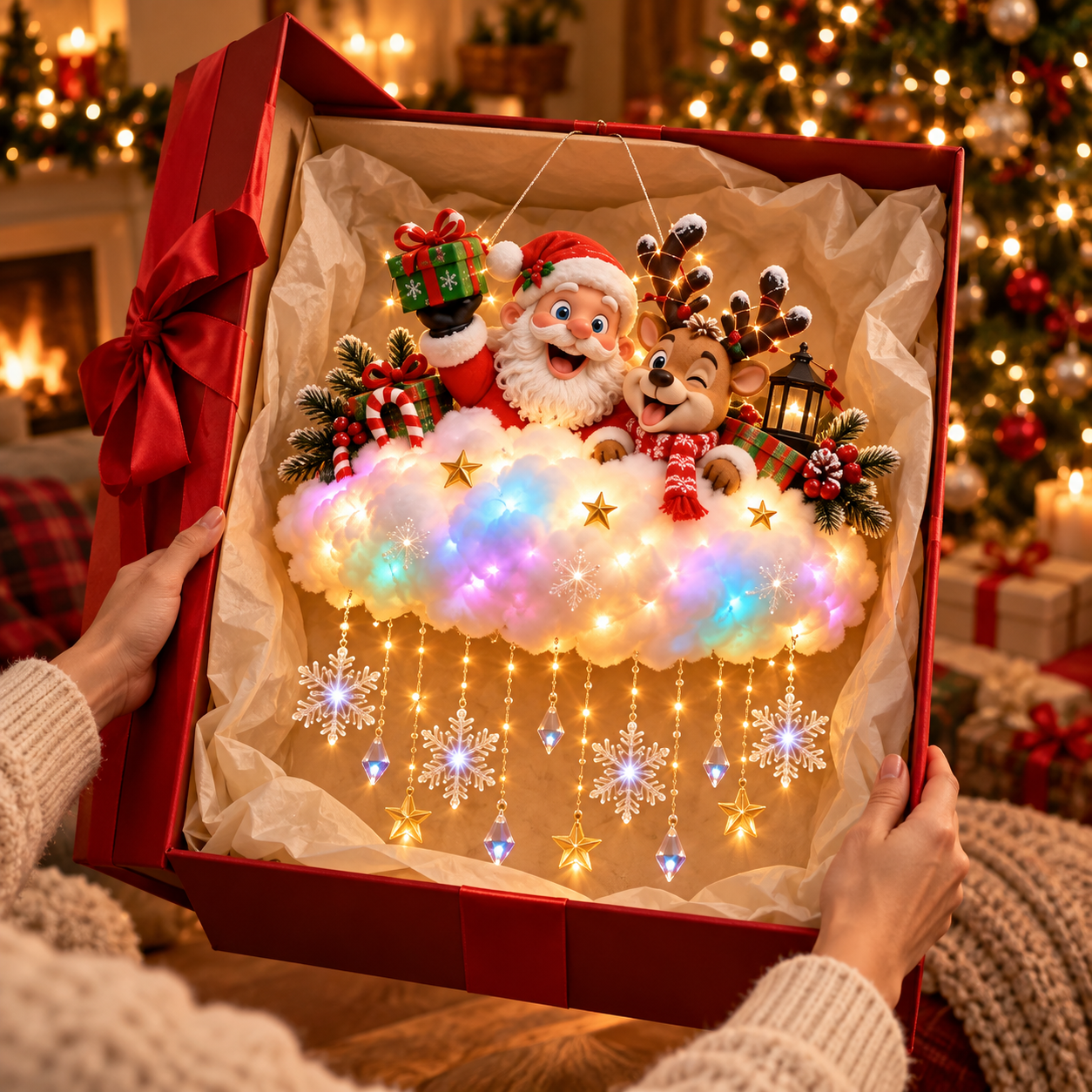 🔥LAST DAY 50% OFF🔥 Light-Up Christmas Village Cloud Hanging Decoration with Santa, Snowman & Reindeer