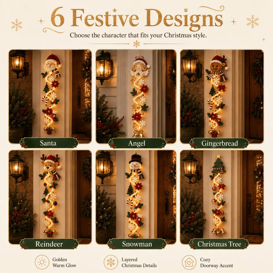 ⏳ Last Day 50% OFF – 🎄MerryCascadeTM Glowing Christmas Door Hanger | 6 Festive Lighted Designs with Warm Glow, Dimensional Details & Space-Saving Vertical Décor ✨