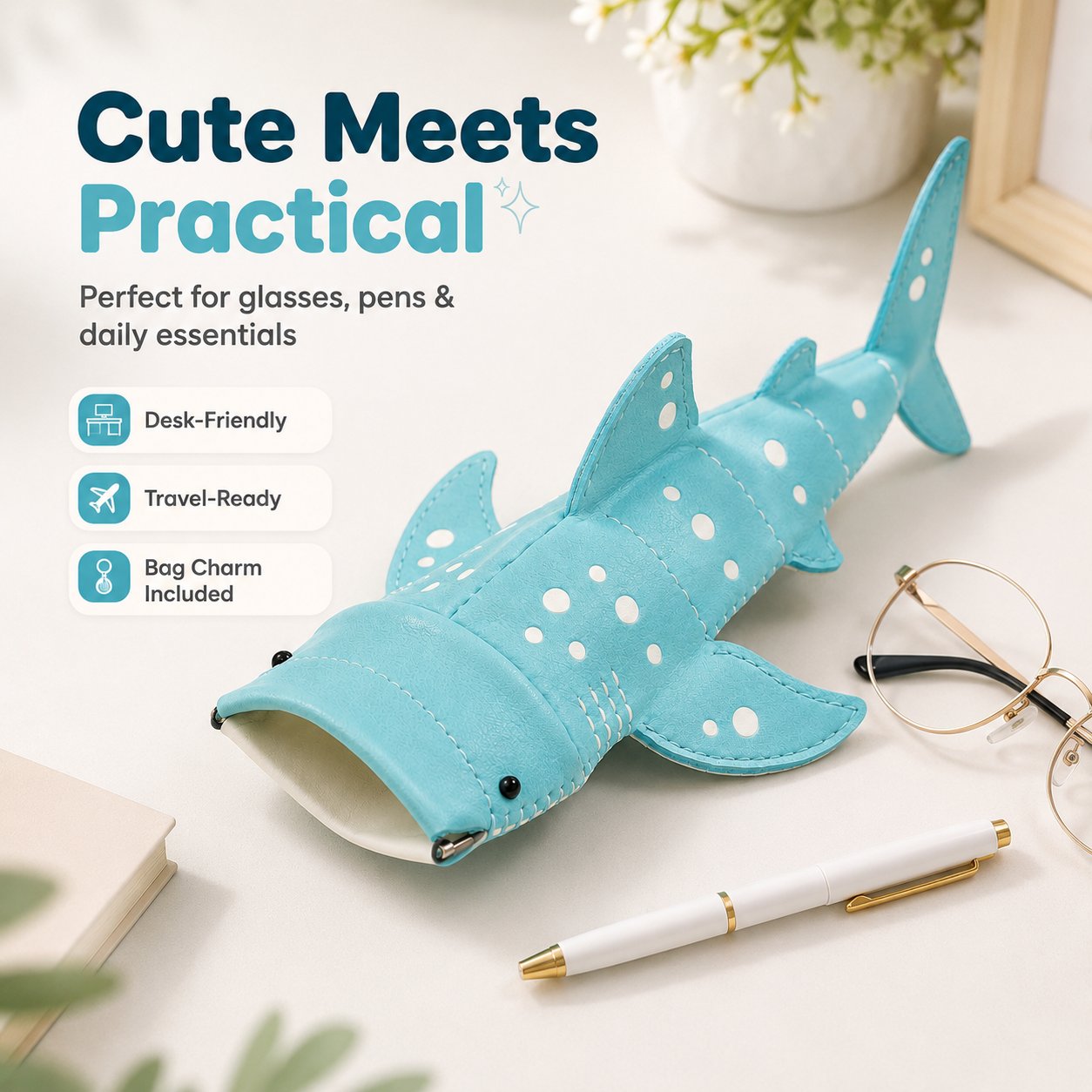 🔥LAST DAY 50% OFF 🦈🌊Cute Whale Shark Shaped Pouch | Novelty PU Leather Glasses & Small Essentials Storage Bag 🌊