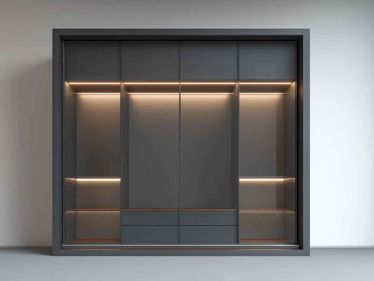 Einbaukleiderschrank Holzwerkstoff 240×60×220 cm Anthrazit/Braun – Schlafzimmermöbel mit Beleuchtung und Schiebetüren-Tasailoft