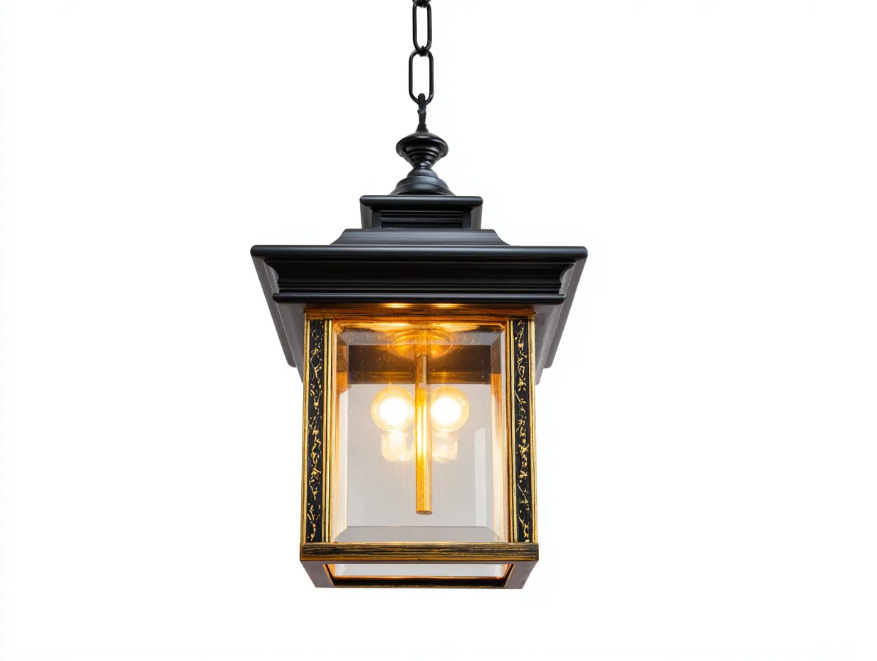 Außenpendelleuchte 28×28×45 cm Metall Glas Schwarz Gold - moderne Hängeleuchte für Außenbereich-Tasailoft