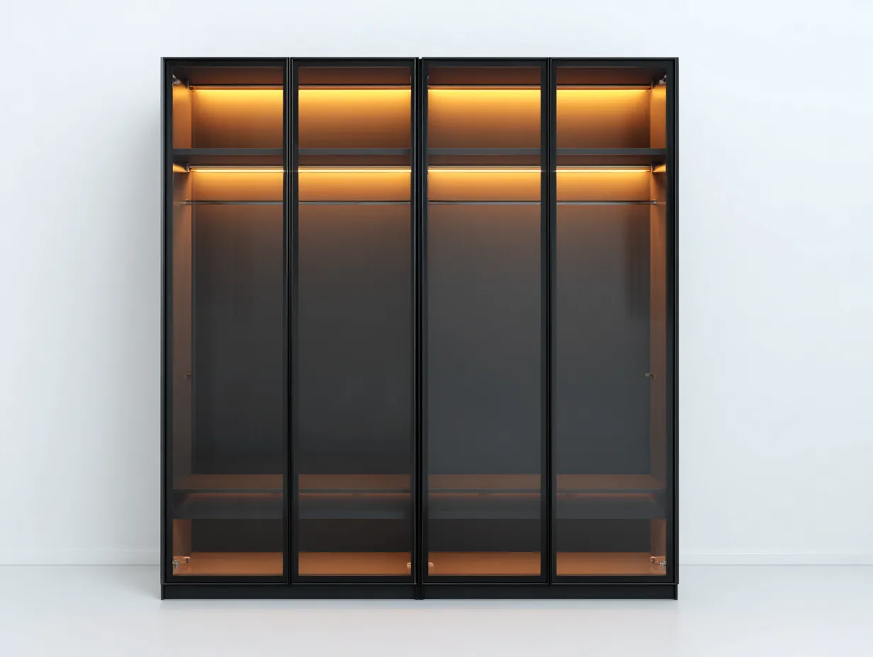 Kleiderschrank Metall und Glas 200×55×210 cm Schwarz/Braun – Schlafzimmermöbel mit Beleuchtung und Glastüren-Tasailoft