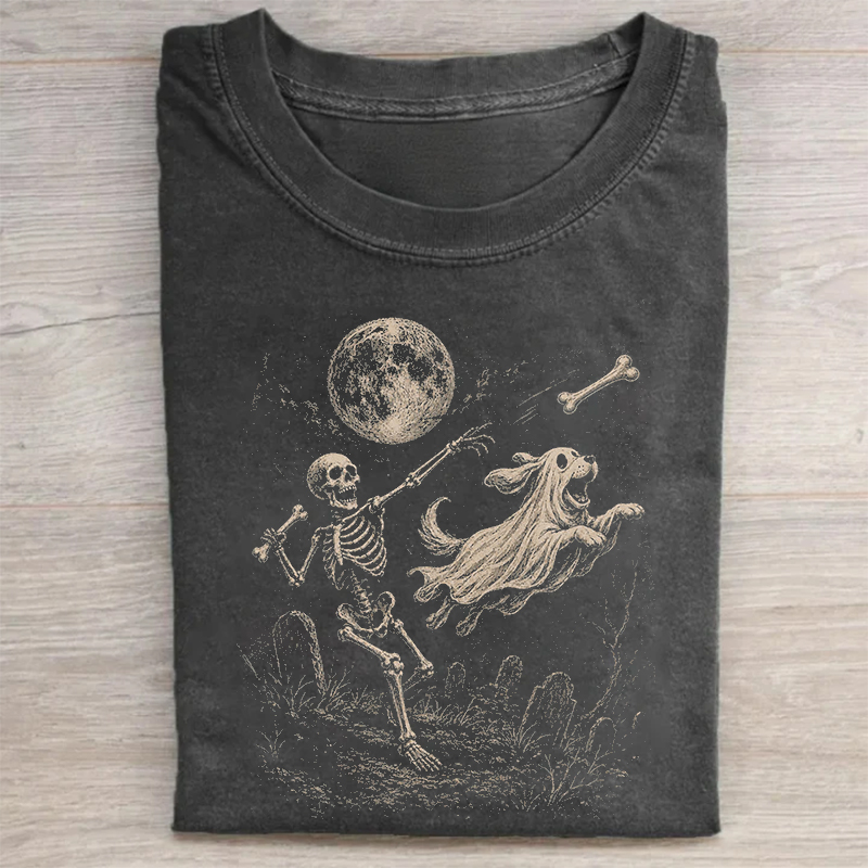 Funny Skeleton Playing With Dog Halloween T-shirt