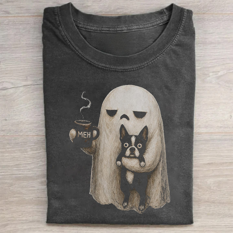 Funny Grumpy Ghost Boston Terrier Halloween Coffee T-shirt