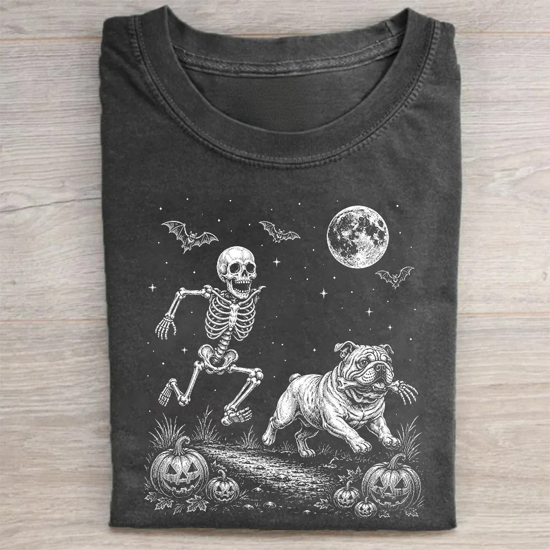 Funny Skeleton Chasing English Bulldog Halloween T-shirt