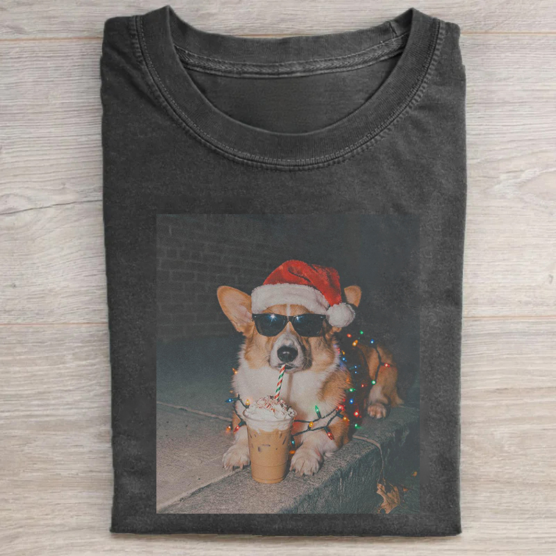 Funny Corgi Dog Christmas Iced Coffee T-shirt