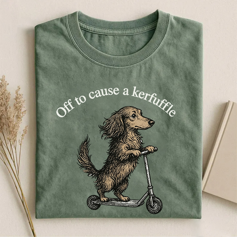 Off To Cause A Kerfuffle Funny Long Haired Dachshund T-shirt