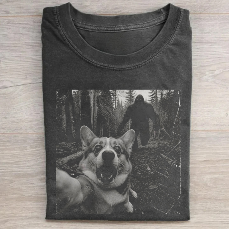 Funny Bigfoot Running After Corgi Dog T-shirt