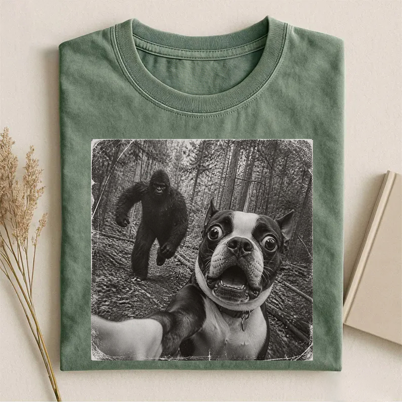 Funny Bigfoot Running After Boston Terrier Dog T-shirt