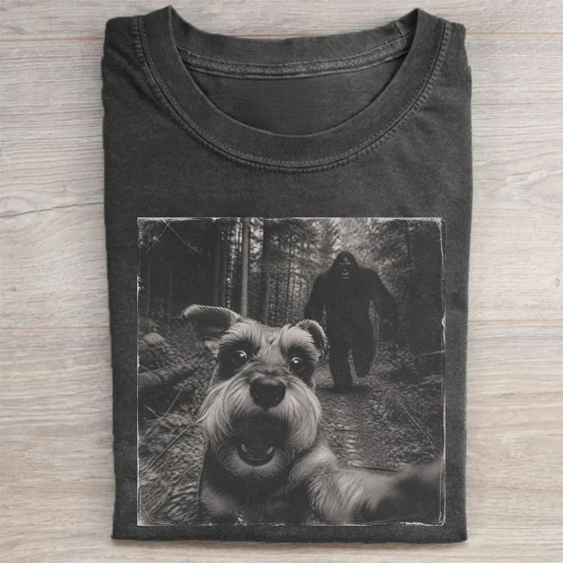 Funny Bigfoot Running After Schnauzer Dog T-shirt