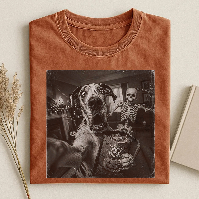Halloween Great Dane Dog And Scary Skeleton T-shirt