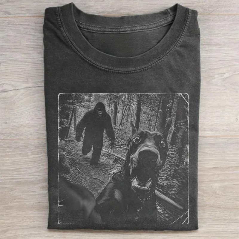 Funny Bigfoot Running After Dobermans Dog T-shirt