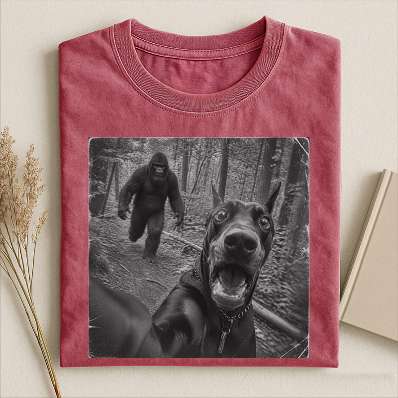 Funny Bigfoot Running After Dobermans Dog T-shirt