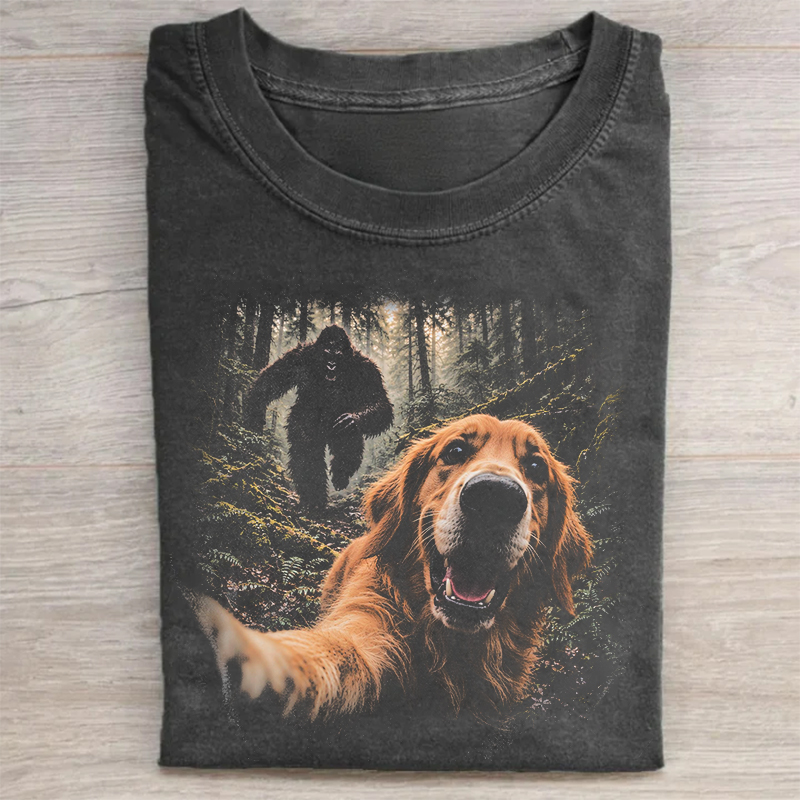 Bigfoot Running After Golden Retriever T-shirt