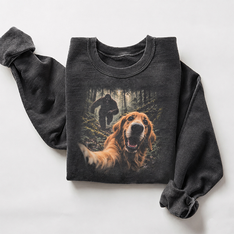 Bigfoot Running After Golden Retriever Dog Sweatshirt