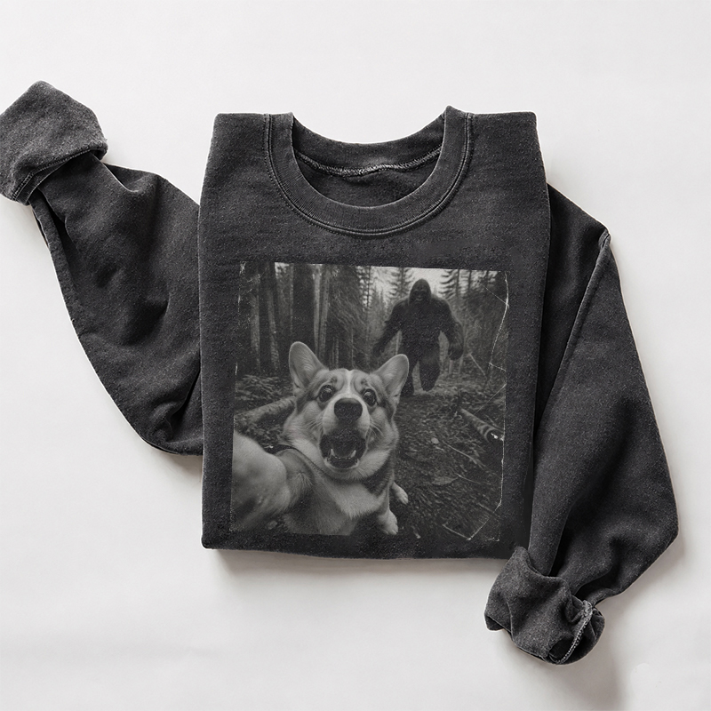 Bigfoot Running After Corgi Dog Sweatshirt