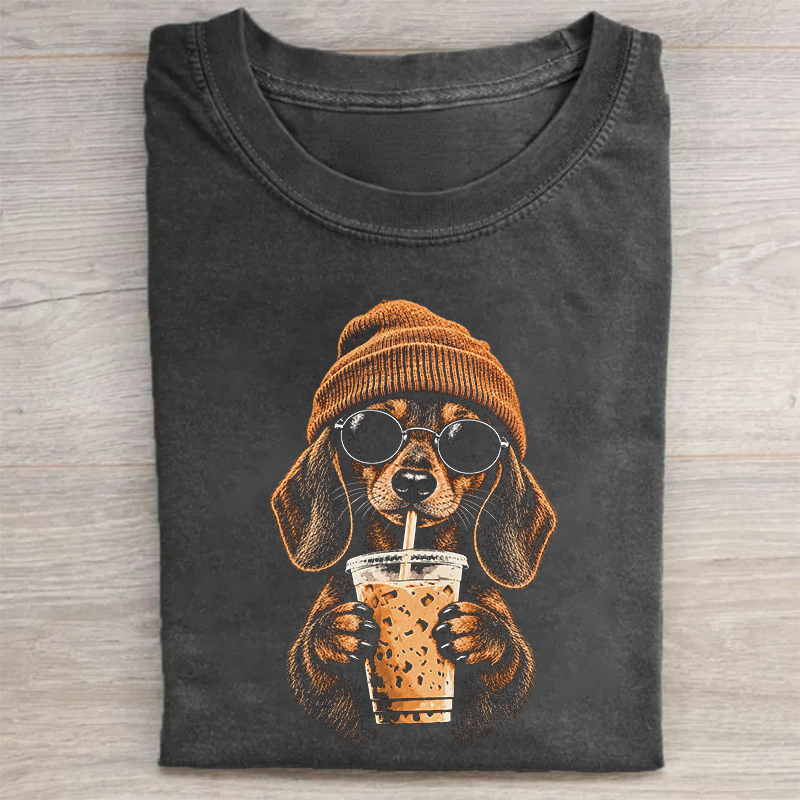 Funny Hipster Dachshund Drinking Iced Coffee T-shirt