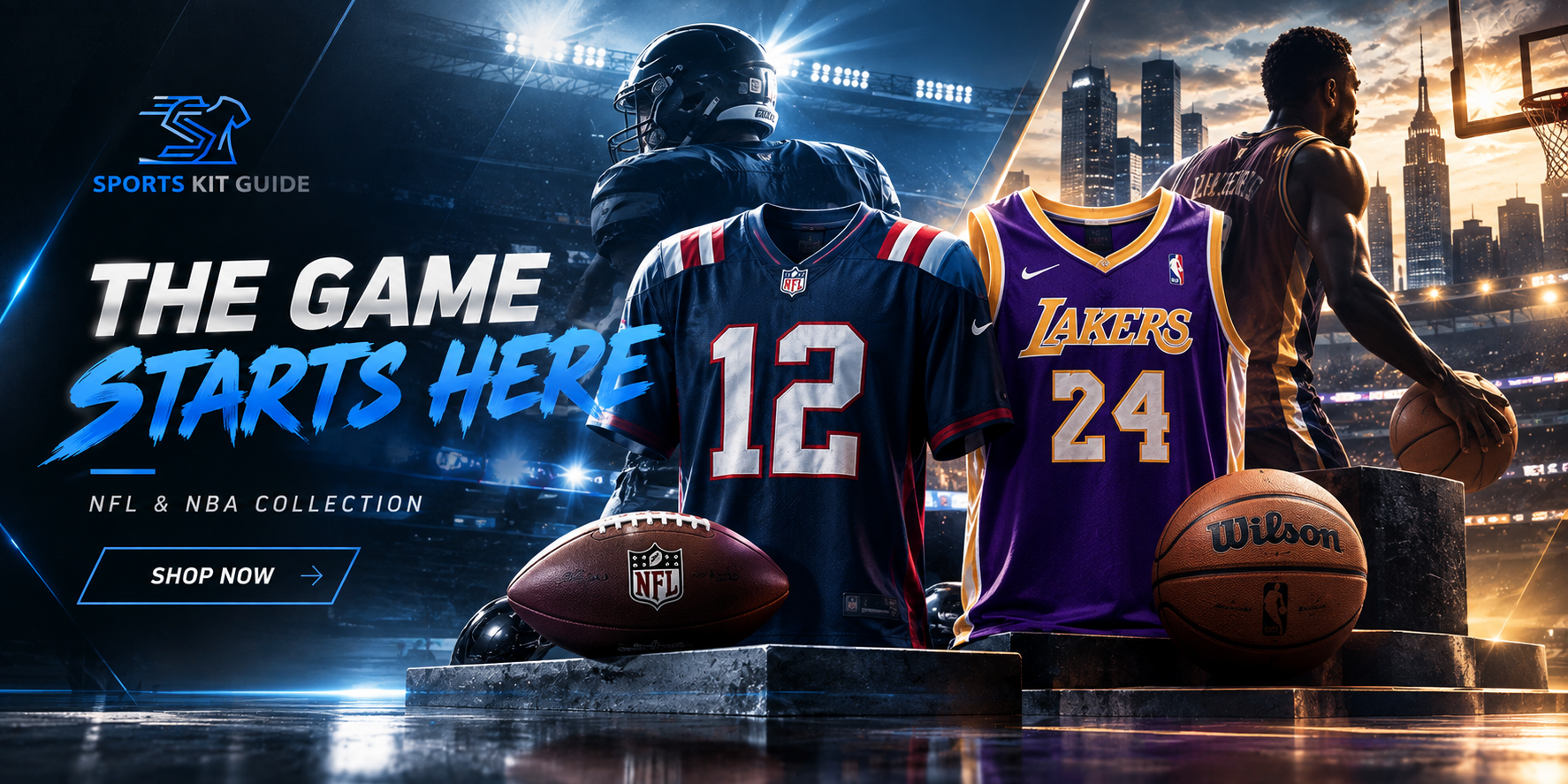 Sports Kit Guide NFL and NBA jerseys in a premium athletic setting