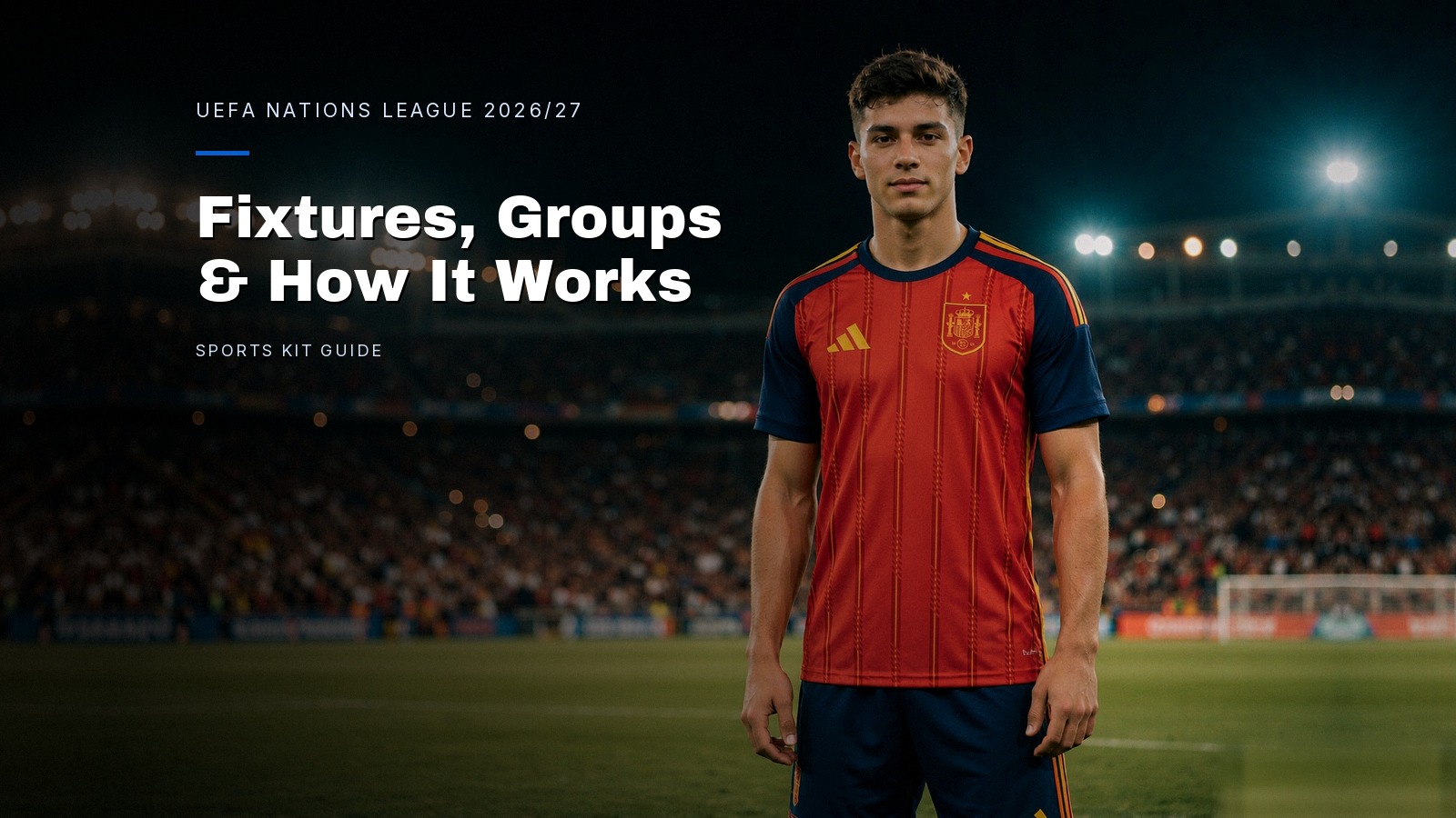 Footballer in a Spain home shirt facing the camera in a floodlit stadium