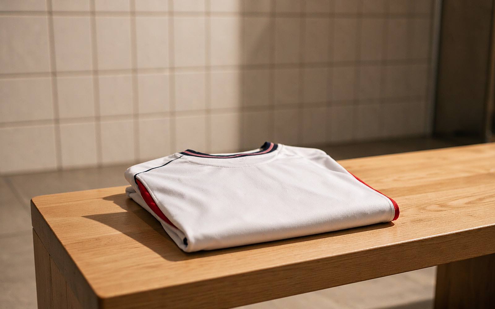 Folded national team shirt on a wooden bench