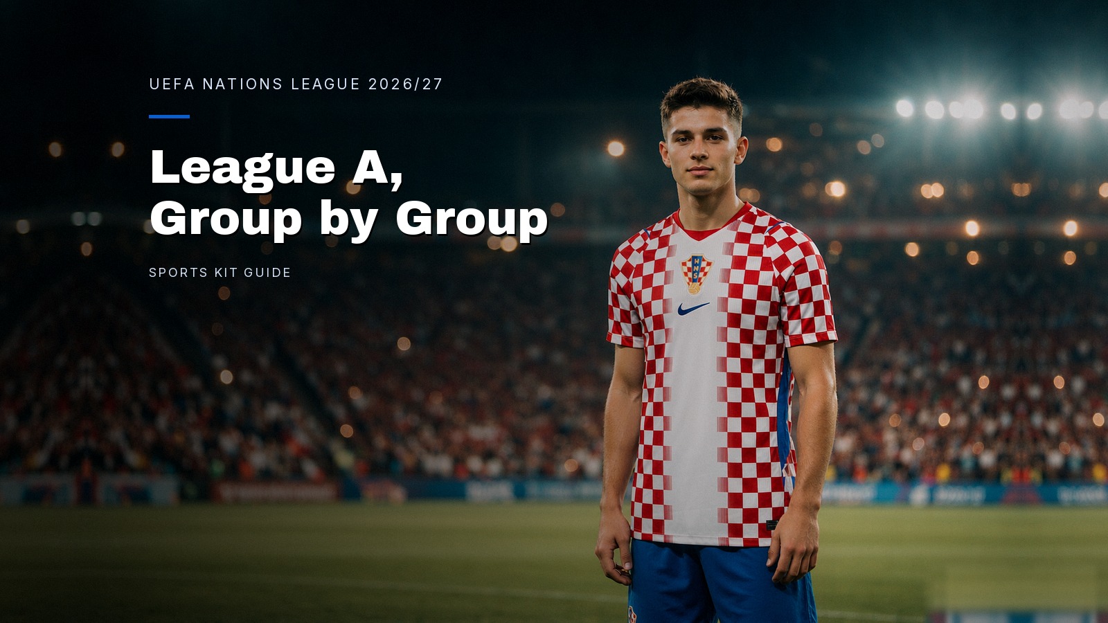 Footballer in a Croatia home shirt facing the camera on the pitch at night