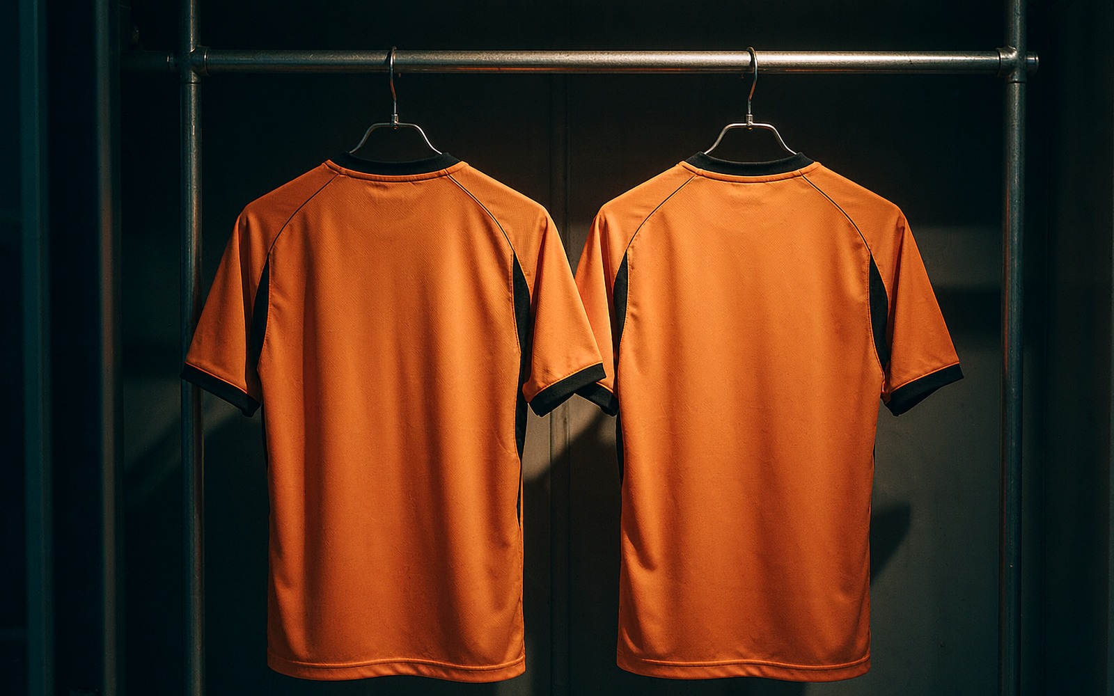 Two national team shirts hanging in a dressing room