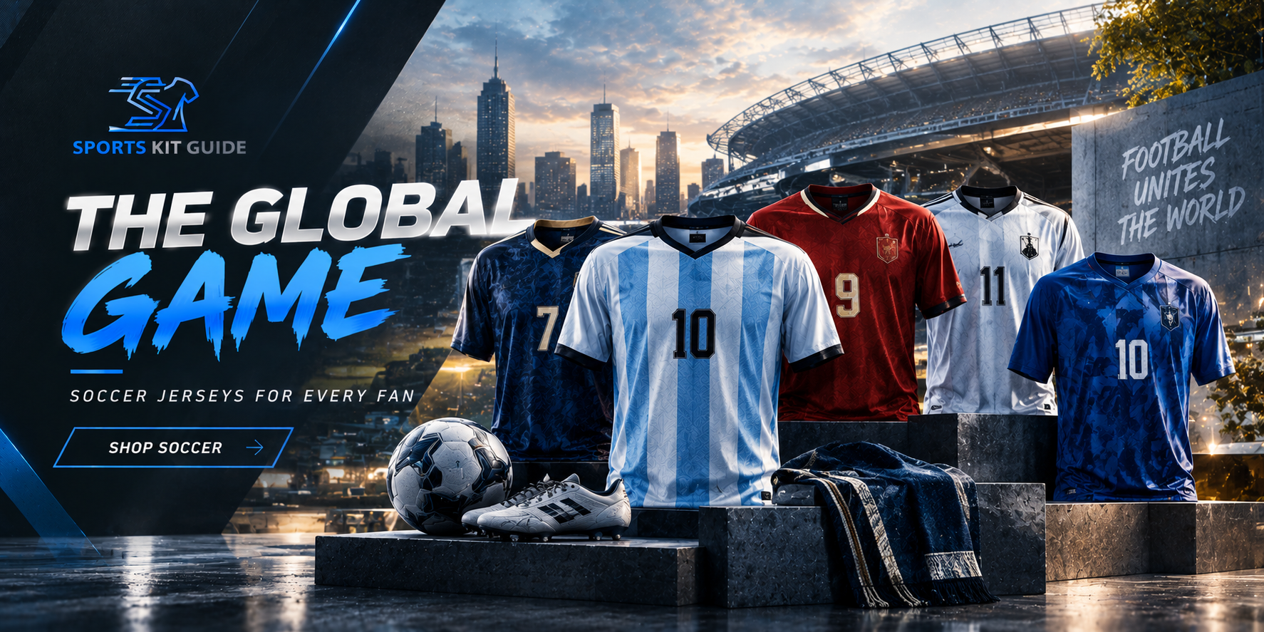 Sports Kit Guide soccer jerseys with football gear in a premium stadium setting