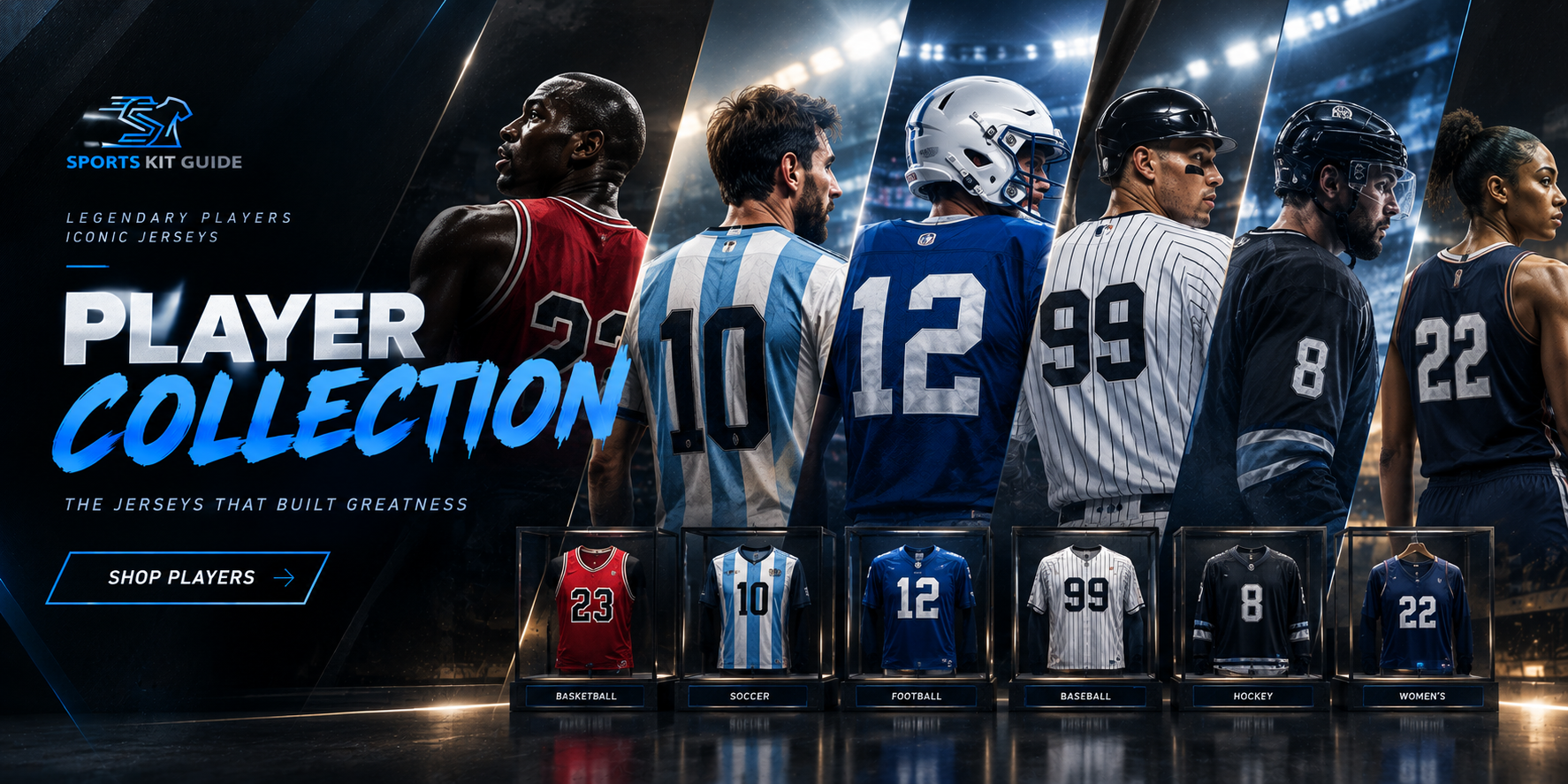 Sports Kit Guide player collection featuring iconic jerseys across basketball, soccer, football, baseball and hockey