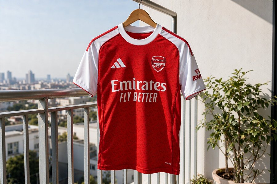 the red home shirt hanging on a hanger on a balcony railing