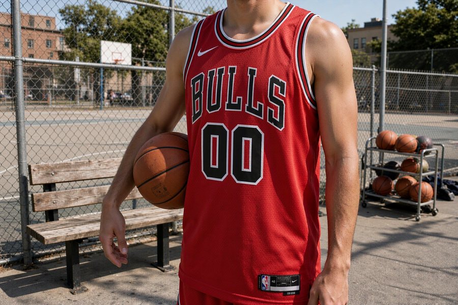 the red jersey worn at an outdoor basketball court