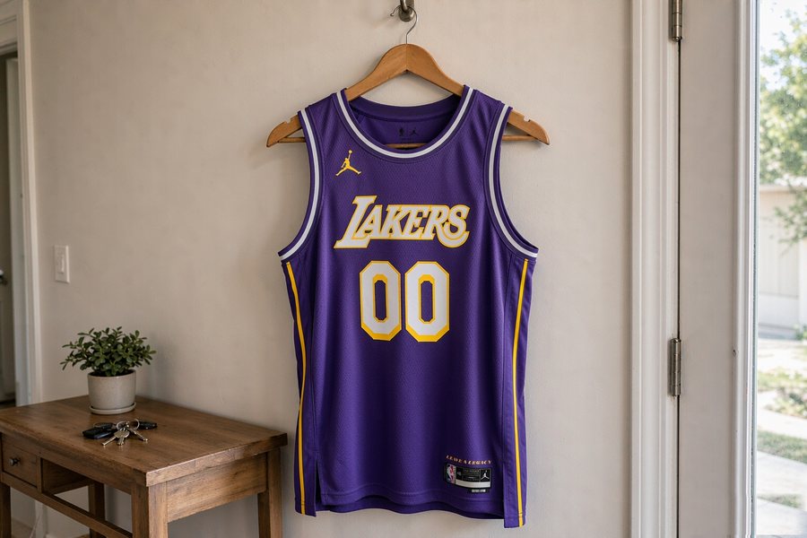 the purple jersey hanging on a wooden hanger in a hallway
