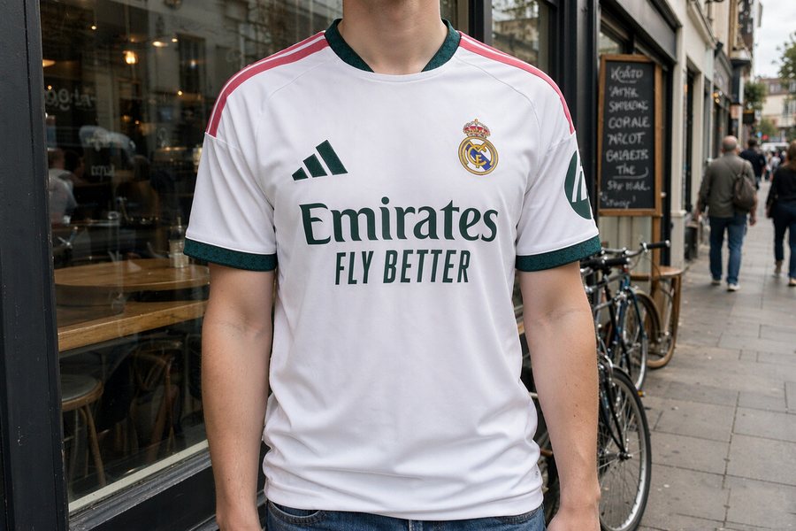 the white home shirt worn outside a cafe