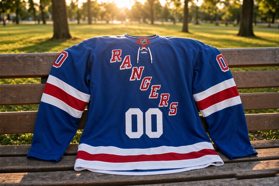 the blue jersey draped over a park bench
