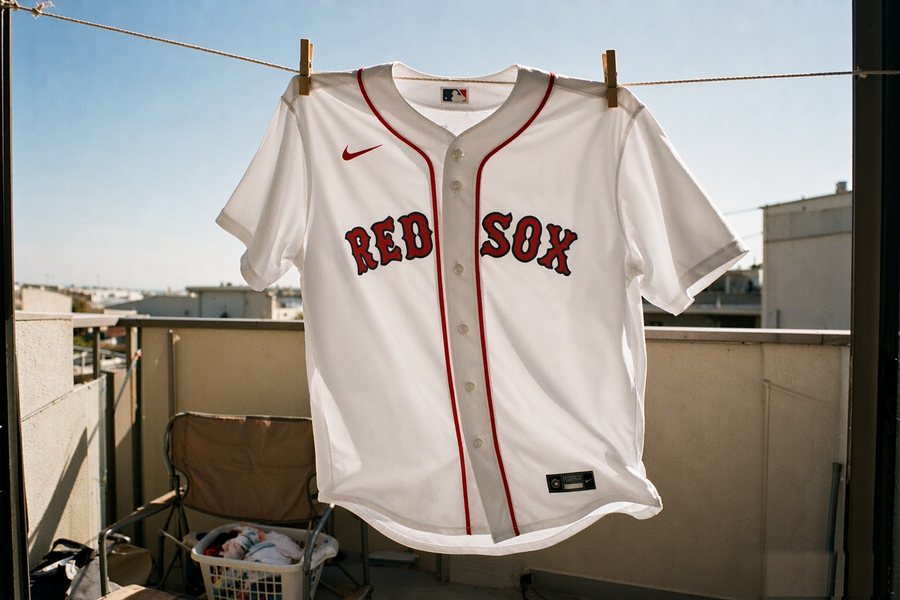 the white home jersey pegged on a balcony clothesline