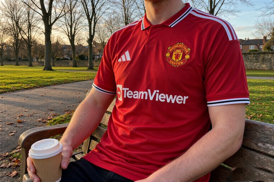 the red home shirt worn on a park bench with a coffee