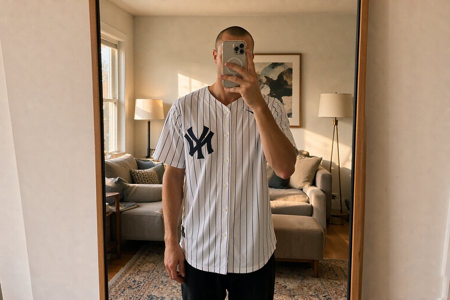 the pinstriped home jersey in a living room mirror selfie