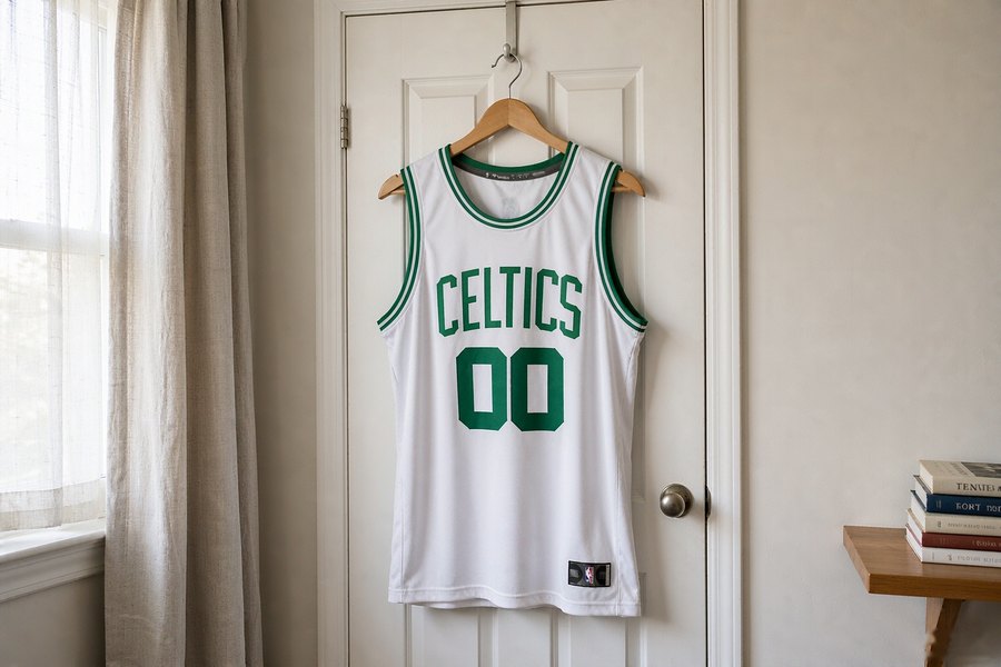 the white basketball jersey hanging on a bedroom door
