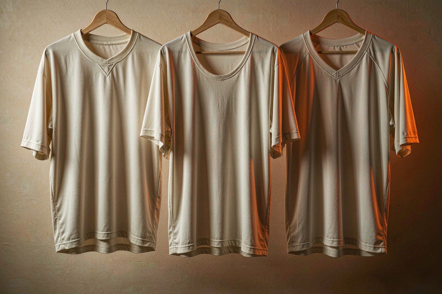 Three jerseys on hangers showing roomy, standard and slim cuts