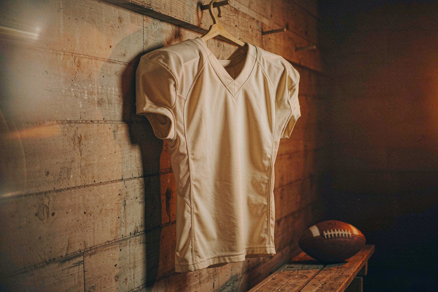 A football jersey on a wooden hook with a football on the bench