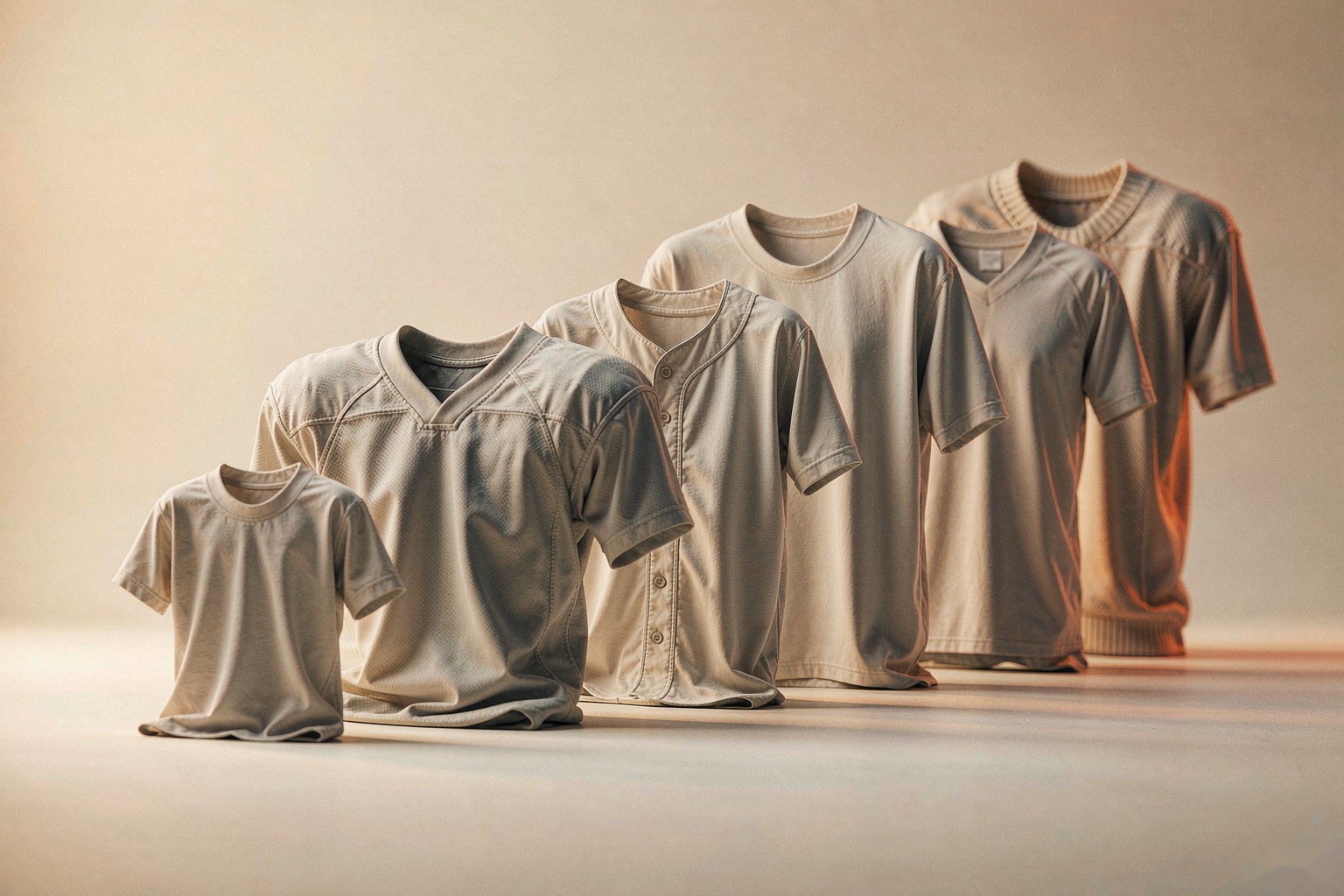 Six blank sports jerseys of different cuts lined up on a cream backdrop
